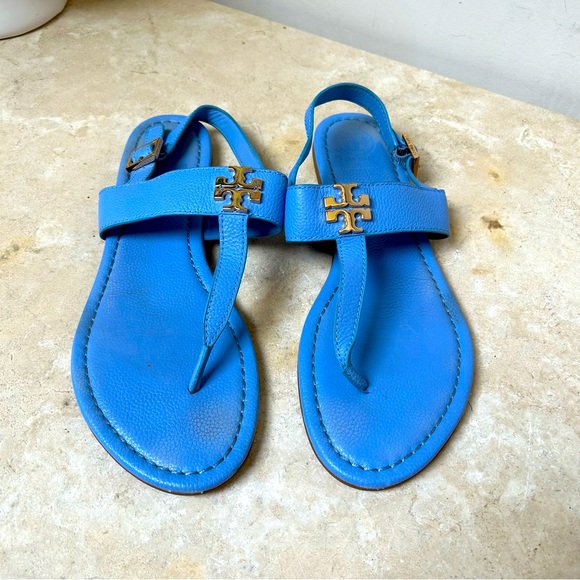 Authentic Tory Burch size 9.5 Women’s cornflower baby blue thong logo sandal GUC - Picture 1 of 12